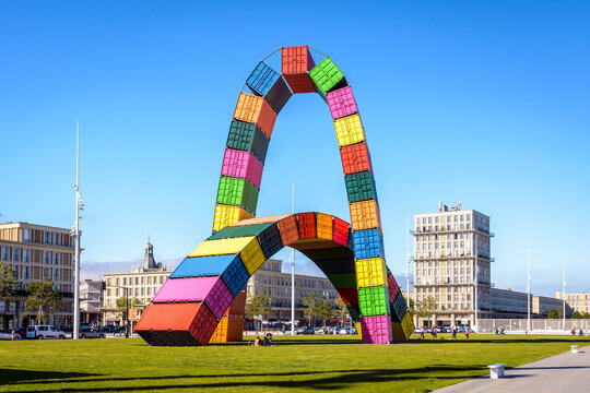 Le Havre, France - June 7, 2021: The "Catene de containers" is an art installation by Vincent Ganivet made of two arches of containers, installed in 2017 for the 500th anniversary of the city.