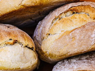 Many rustic fresh bread loaves