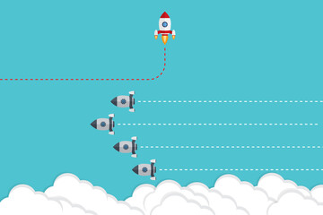 Different Approach - Different Direction. Group of rockets flying in one direction and with one individual flying in the different way, can be used leadership/individuality concepts.	