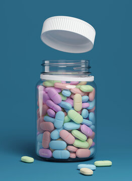 Glass medicine bottle filled with pills. 3d render