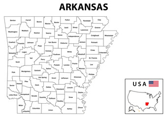 Arkansas Map. State and district map of Arkansas. Administrative and political map of Arkansas with district and capital in white color.