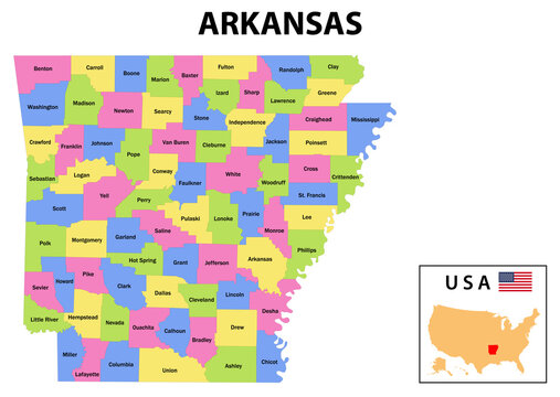 Arkansas Map. State and district map of Arkansas. Administrative and political map of Arkansas with names and color design.