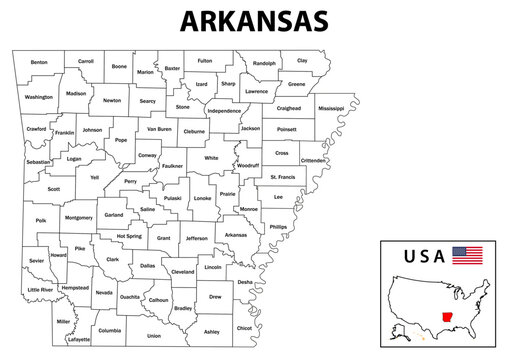 Arkansas Map. State and district map of Arkansas. Administrative and political map of Arkansas with district and capital in white color.