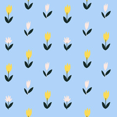 Floral vector seamless pattern on sky blue. Trendy Scandinavian wallpaper for cover, fabric, textile, stationery, wrap, web, wrapper, app. Simple hand-drawn flower ornament. Flat style illustration. 