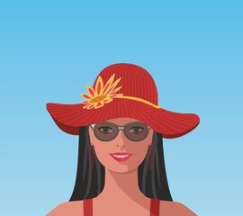 Woman with big hat and sunglasses. Vector illustration. EPS10.