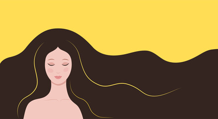 Brunette with closed eyes on yellow background. Face glamor beautiful girl with thick long hair. Background from flowing, waving dark hair. Place for text. Modern colorful flat style. Vector.