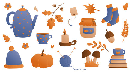 Flat style collection of cozy home items for autumn season. Vector illustration.