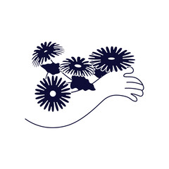 Hand is holding bouquet of blooming flowers