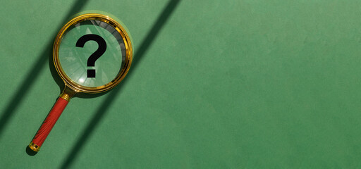 Magnifying lens over green background with copy space. Eco banner with golden magnifier, question mark inside and place for text.