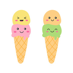 Two ice creams on white background. Funny smile faces. Kawaii cartoon style. Flat vector illustration.