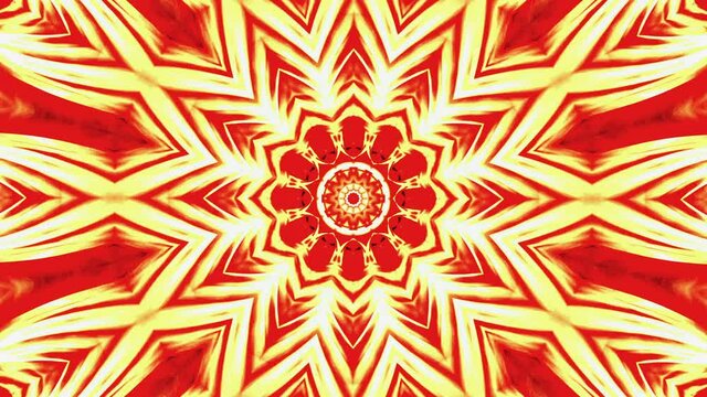 Abstract kaleidoscopic mandala gradient yellow orange red star shape morphing graphic motion. 4K psychedelic visual animated background. Beautiful ornament for DJ VJ loop, stage shows, transition.
