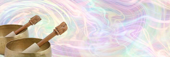 Sound therapy singing bowls message banner - two different sized tibetan singing bowls on left side with a sounds wave flowing background and space for copy
