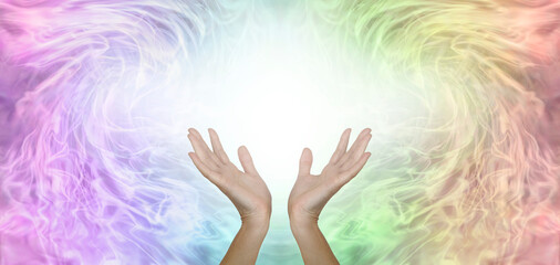 Working with scalar healing energy message banner - female cupped hands with white light between...