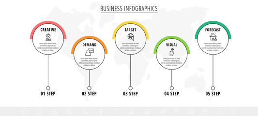 Business vector infographics with 5 line circles. Timeline visualization with five steps for diagram, flowchart, banner, presentations, web, content, levels, chart, graphic