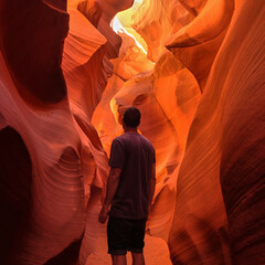 young man tourist standing inside Antelope Canyon in Arizona while visiting inside the rift