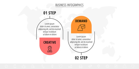 Vector 2 step line infographic labels with icons and squares. Modern timeline concept for chart, levels, web, diagram, banner, presentations, business, diagram, flowchart