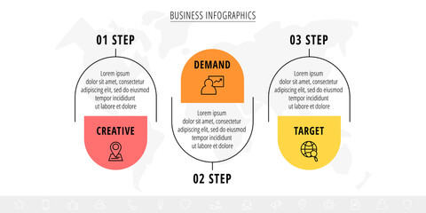 Fototapeta premium Vector 3 step line infographic labels with icons and squares. Modern timeline concept for chart, levels, web, diagram, banner, presentations, business, diagram, flowchart