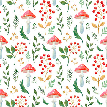 Red fly agaric mushrooms, forest berries, green leaves, moss isolated on a white background. Watercolor botanical fabric design. Scandinavian wallpaper texture. Seamless pattern of hand-drawn elements