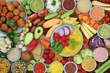 Large plant based vegan health food collection high in antioxidants, protein, omega 3, antioxidants, anthocyanins, smart carb, lycopene, vitamins and minerals. Food for a healthy planet concept.  