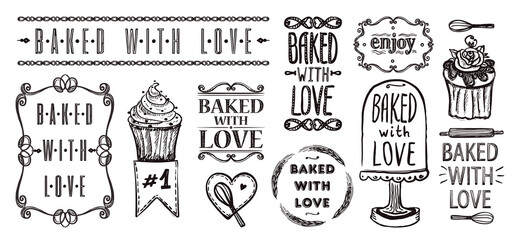 Baked with love - vector elements collection with symbols for bakery