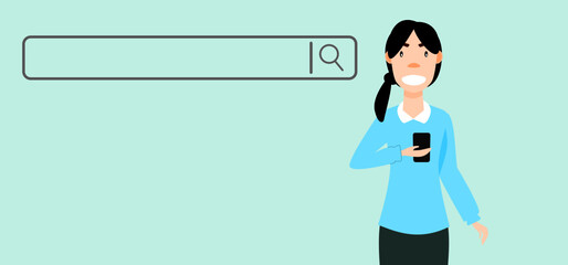 Searching for information using the Internet. Surf the web. A woman uses a smartphone to search information. Vector illustration