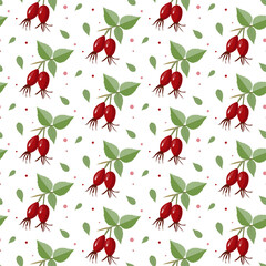 Seamless pattern with red rosehip berry and green leaves on a white background. Vector illustration for decorating walls, decorating the covers of postcards or brochures in a cartoon style