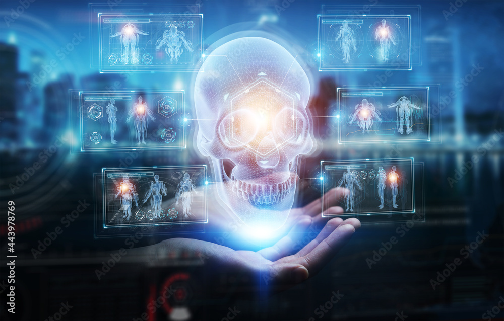 Poster Man hand using digital x-ray skull holographic scan projection 3D rendering