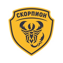 Scorpion logo and word on the shield. Russian text - Scorpion. Symbol, badge, identity for a sports team or security company. Black and yellow colors. Flat style. Vector illustration.