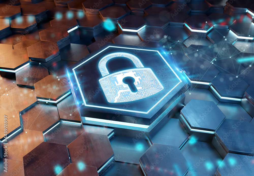 Leinwandbilder Web security icon concept engraved on metal hexagonal pedestral background. Padlock Logo glowing on abstract digital surface. 3d rendering