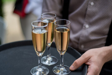 A waiter is holding a tray with three glasses of champagne