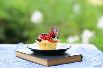 Book and cupcake cake tartlet with cream and berries - raspberries, strawberries, currants, cherries on a plate on a table in the garden