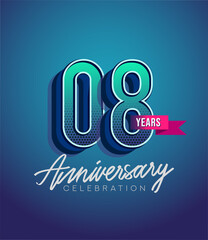 8th Anniversary Logo Design With Ribbon, Elegant Anniversary Logo With Blue Color, Design for banner and invitation card of anniversary celebration.