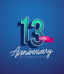 13th Anniversary Logo Design With Ribbon, Elegant Anniversary Logo With Blue Color, Design for banner and invitation card of anniversary celebration.