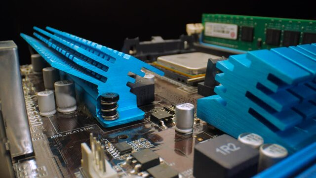 Inside the pc. Close view at computer motherboard