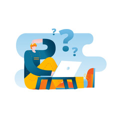 The character looks thoughtfully at the laptop screen. Vector illustration on the topic of working at a computer, freelancing and problem solving.