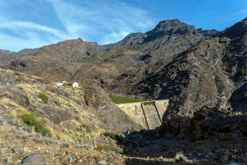 Dam and reservoir at the mountain road Barranco de la Aldea in Gran Canaria