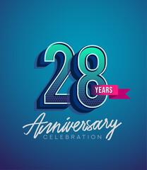 28th Anniversary Logo Design With Ribbon, Elegant Anniversary Logo With Blue Color, Design for banner and invitation card of anniversary celebration.