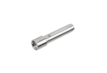 Modern silver metal LED flashlight. Pocket portable rechargeable lighting device. Isolate on a...