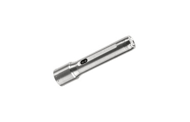 Modern silver metal LED flashlight. Pocket portable rechargeable lighting device. Isolate on a white back