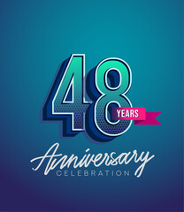 48th Anniversary Logo Design With Ribbon, Elegant Anniversary Logo With Blue Color, Design for banner and invitation card of anniversary celebration.