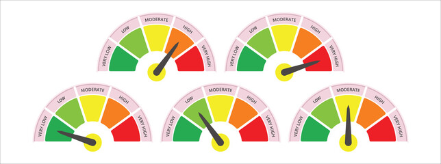 scale level measurement monitor display. level meter. five part level step meter measure. vector illustration graphic design set template.