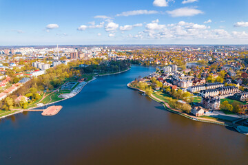 Aerial top view cityscape Kaliningrad Russia upper round lake