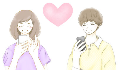 スマホアプリでつながる笑顔の若い男女　恋愛　婚活 © machi