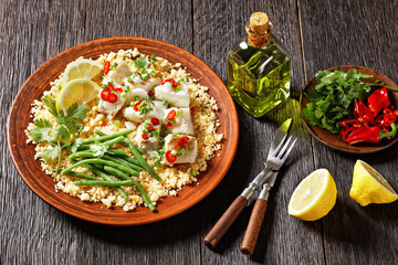 cod with bulgur, steamed green beans, top view