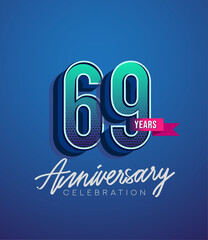 69th Anniversary Logo Design With Ribbon, Elegant Anniversary Logo With Blue Color, Design for banner and invitation card of anniversary celebration.