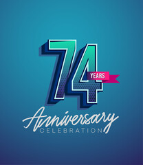 74th Anniversary Logo Design With Ribbon, Elegant Anniversary Logo With Blue Color, Design for banner and invitation card of anniversary celebration.
