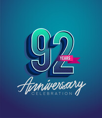 92nd Anniversary Logo Design With Ribbon, Elegant Anniversary Logo With Blue Color, Design for banner and invitation card of anniversary celebration.