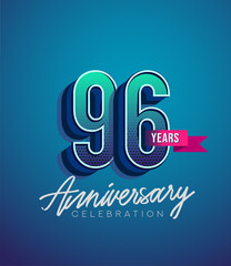 96th Anniversary Logo Design With Ribbon, Elegant Anniversary Logo With Blue Color, Design for banner and invitation card of anniversary celebration.