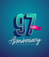 97th Anniversary Logo Design With Ribbon, Elegant Anniversary Logo With Blue Color, Design for banner and invitation card of anniversary celebration.
