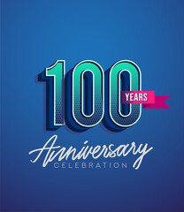 100th Anniversary Logo Design With Ribbon, Elegant Anniversary Logo With Blue Color, Design for banner and invitation card of anniversary celebration.